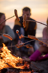 Image showing Group Of Young Friends Sitting By The Fire at beach