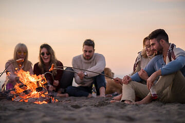 Image showing Group Of Young Friends Sitting By The Fire at beach