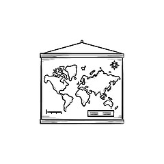 Image showing World map hanging on the wall hand drawn outline doodle icon.