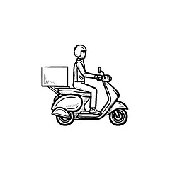 Image showing Employee riding delivery bike hand drawn outline doodle icon.