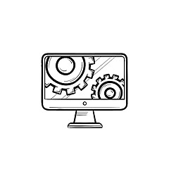 Image showing Monitor with gears hand drawn outline doodle icon.