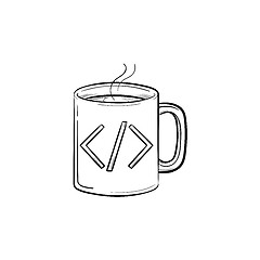 Image showing Coffee cup with code sign hand drawn outline doodle icon.