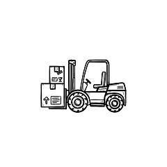 Image showing Warehouse forklift truck with cardboard boxes hand drawn outline doodle icon.