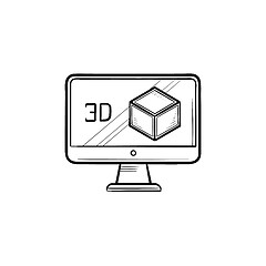 Image showing Computer monitor with 3D box hand drawn outline doodle icon.