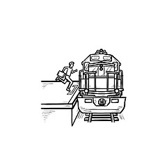 Image showing Train station and passenger gets on the train hand drawn outline doodle icon.