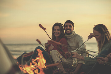 Image showing Group Of Young Friends Sitting By The Fire at beach