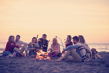 Image showing Group Of Young Friends Sitting By The Fire at beach