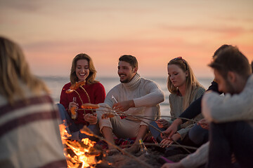 Image showing Group Of Young Friends Sitting By The Fire at beach