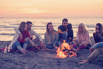 Image showing Group Of Young Friends Sitting By The Fire at beach