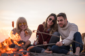 Image showing Group Of Young Friends Sitting By The Fire at beach