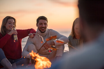 Image showing Group Of Young Friends Sitting By The Fire at beach