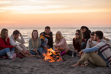 Image showing Group Of Young Friends Sitting By The Fire at beach