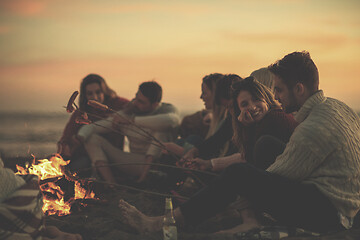 Image showing Group Of Young Friends Sitting By The Fire at beach