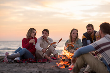 Image showing Group Of Young Friends Sitting By The Fire at beach