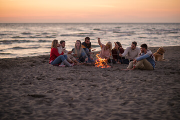 Image showing Group Of Young Friends Sitting By The Fire at beach