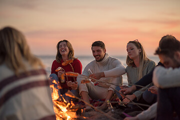 Image showing Group Of Young Friends Sitting By The Fire at beach