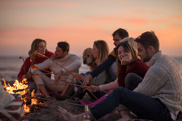 Image showing Group Of Young Friends Sitting By The Fire at beach