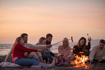 Image showing Group Of Young Friends Sitting By The Fire at beach