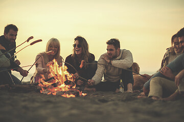 Image showing Group Of Young Friends Sitting By The Fire at beach