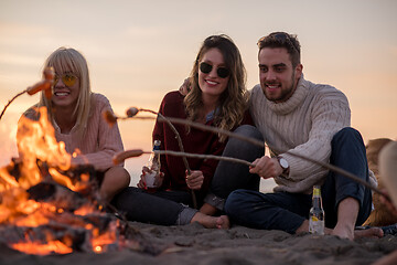 Image showing Group Of Young Friends Sitting By The Fire at beach