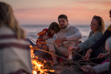 Image showing Group Of Young Friends Sitting By The Fire at beach