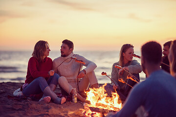 Image showing Group Of Young Friends Sitting By The Fire at beach