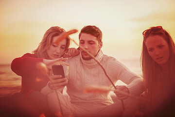 Image showing Group Of Young Friends Sitting By The Fire at beach