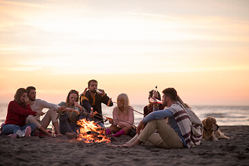 Image showing Group Of Young Friends Sitting By The Fire at beach