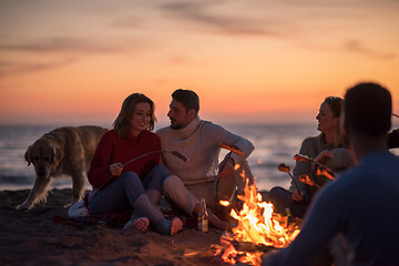 Image showing Group Of Young Friends Sitting By The Fire at beach