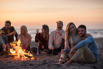 Image showing Group Of Young Friends Sitting By The Fire at beach