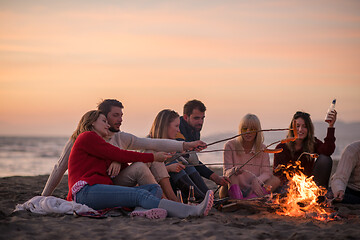 Image showing Group Of Young Friends Sitting By The Fire at beach