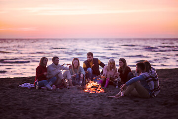 Image showing Group Of Young Friends Sitting By The Fire at beach