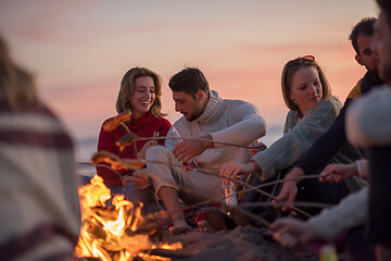 Image showing Group Of Young Friends Sitting By The Fire at beach