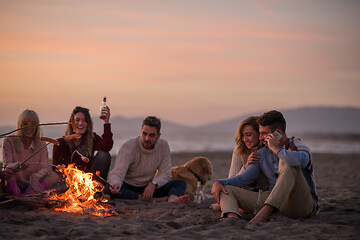 Image showing Group Of Young Friends Sitting By The Fire at beach