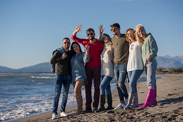 Image showing portrait of friends having fun on beach during autumn day