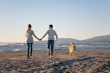 Image showing couple with dog having fun on beach on autmun day