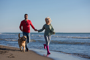 Image showing couple with dog having fun on beach on autmun day