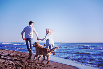 Image showing couple with dog having fun on beach on autmun day