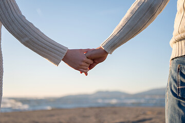 Image showing Loving young couple on a beach at autumn sunny day