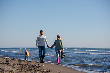 Image showing couple with dog having fun on beach on autmun day