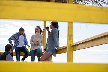 Image showing Group of friends having fun on autumn day at beach