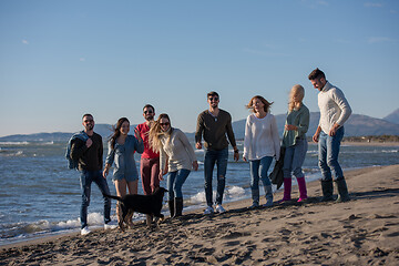 Image showing young friends jumping together at autumn beach