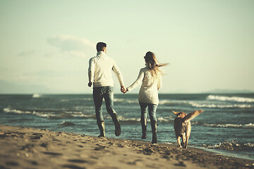 Image showing couple with dog having fun on beach on autmun day