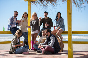 Image showing Group of friends having fun on autumn day at beach