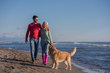 Image showing couple with dog having fun on beach on autmun day