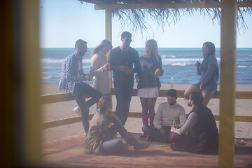 Image showing Group of friends having fun on autumn day at beach