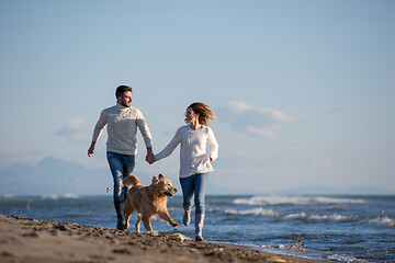 Image showing couple with dog having fun on beach on autmun day