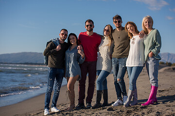 Image showing portrait of friends having fun on beach during autumn day