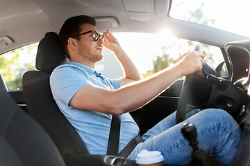 Image showing man or driver in glasses driving car in summer