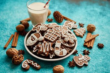 Image showing Sweet Christmas composition. Assortment of gingerbread cookies on a plate